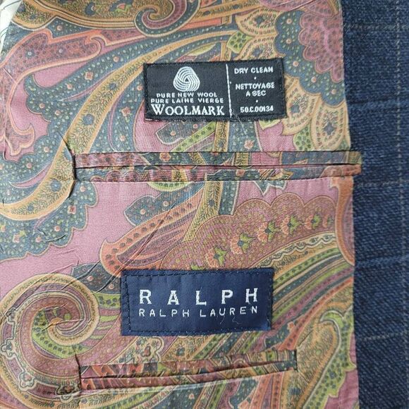 Ralph Lauren Blue Windowpane Wool Blazer Jacket Sz 46‎ R Paisley Satin Interior - Picture 5 of 12